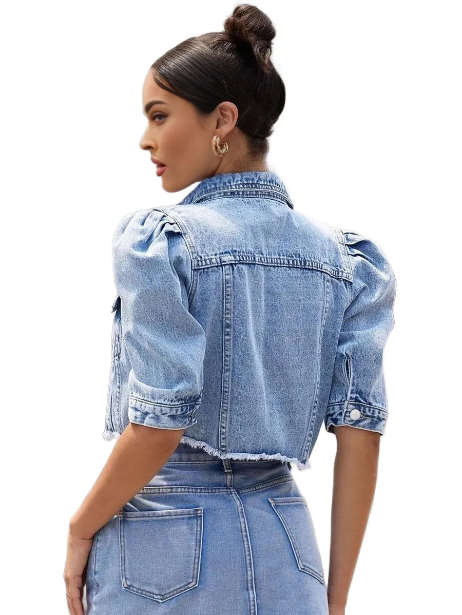 Essnce Womens Solid Color Frayed Hem Button Front Casual Denim Jacket With Pockets