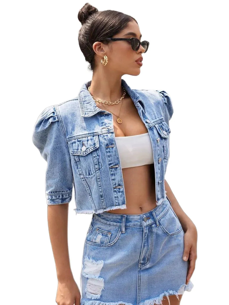 Essnce Womens Solid Color Frayed Hem Button Front Casual Denim Jacket With Pockets