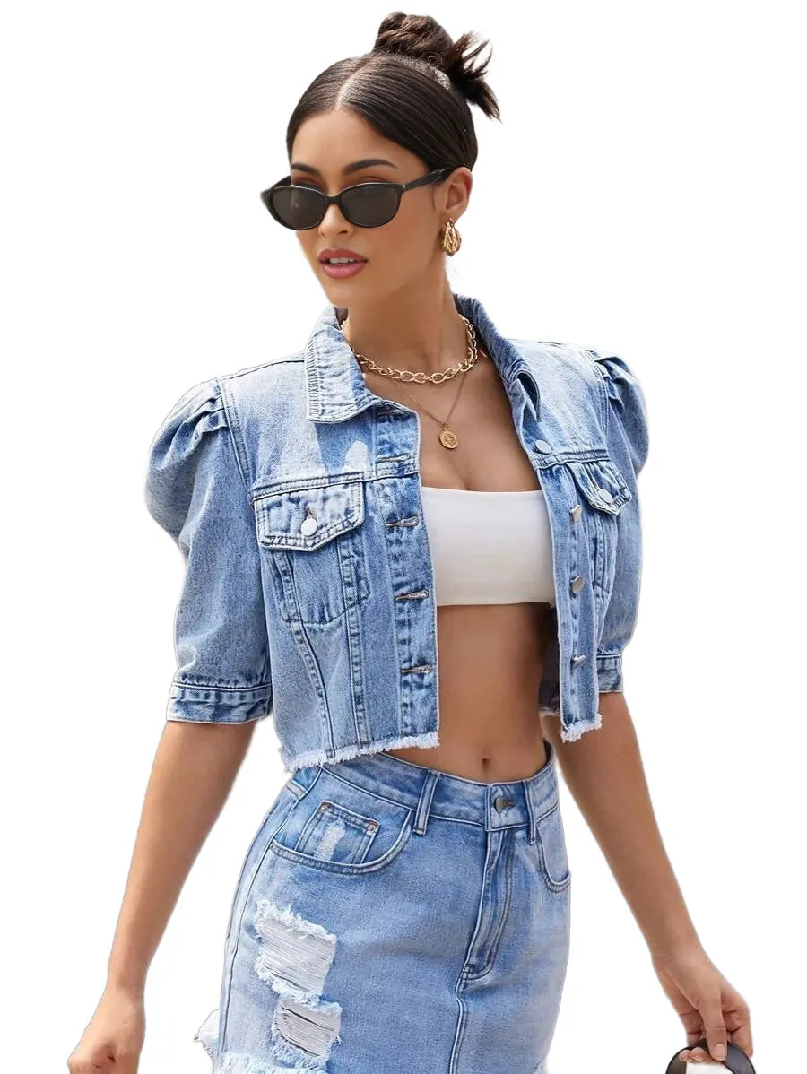 Essnce Womens Solid Color Frayed Hem Button Front Casual Denim Jacket With Pockets