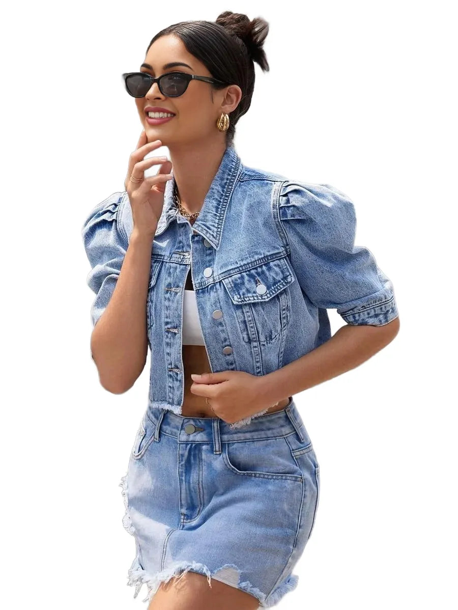 Essnce Womens Solid Color Frayed Hem Button Front Casual Denim Jacket With Pockets