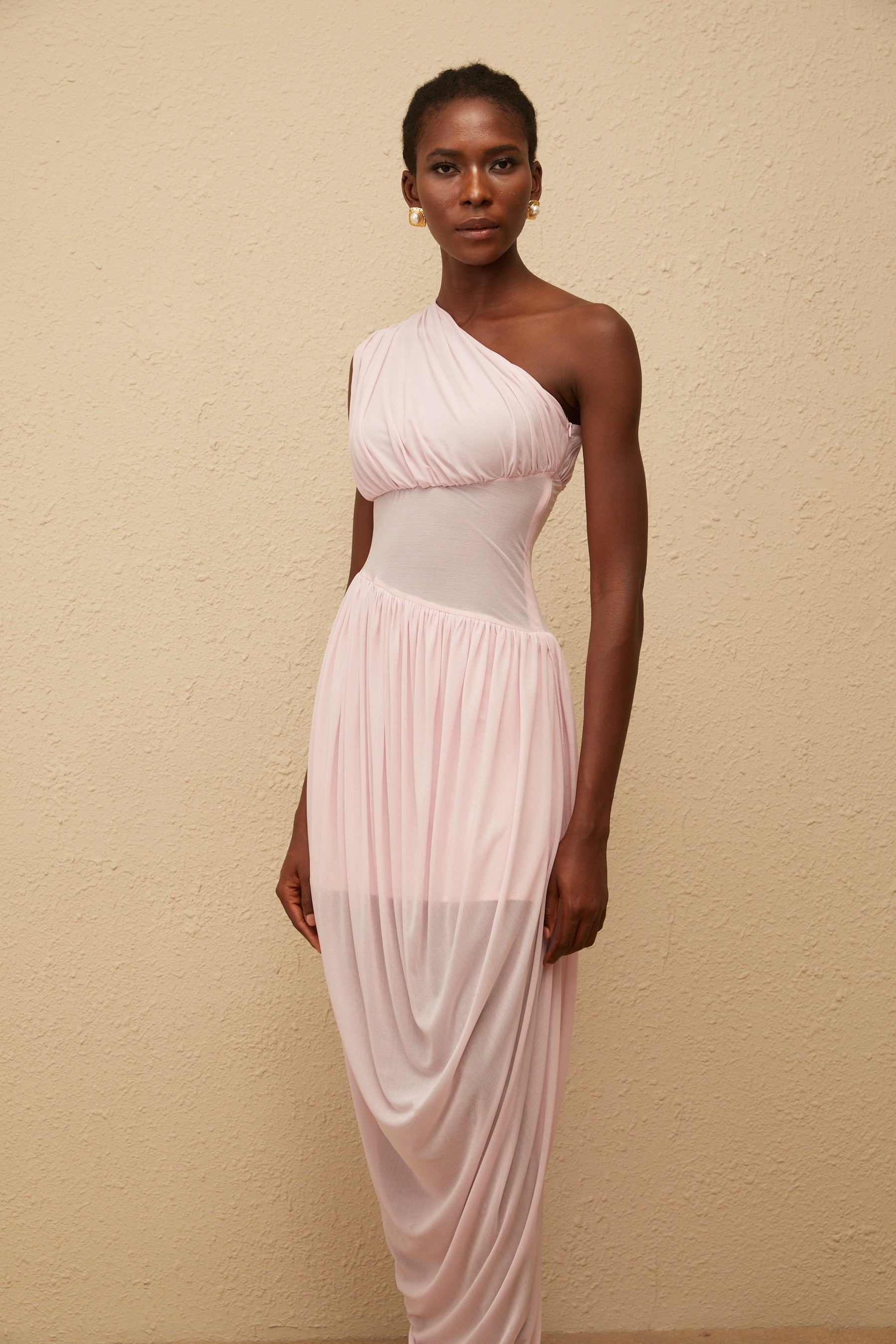 Estelle Pink One Shoulder Draped Maxi Dress
