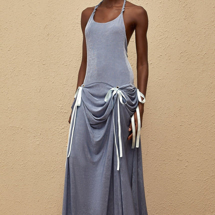 Ester Blue Velvet Maxi Dress with Halterneck Design and Open Back