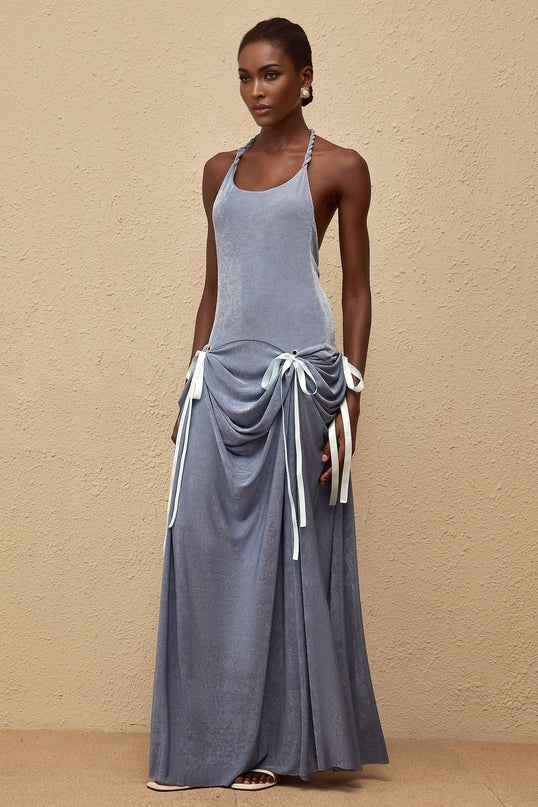 Ester Blue Velvet Maxi Dress with Halterneck Design and Open Back