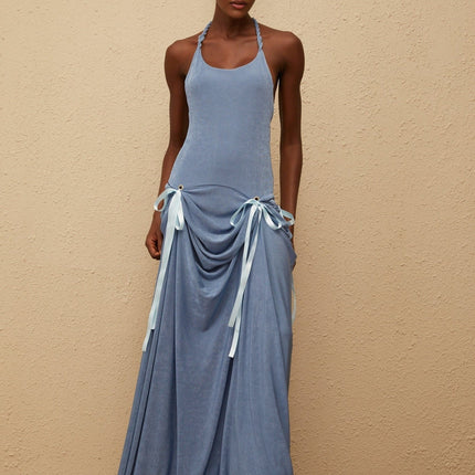 Ester Blue Velvet Halterneck Maxi Dress with Open Back and Bow Embellishment