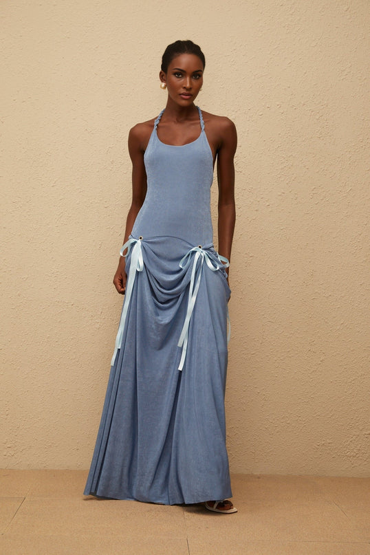 Ester Blue Velvet Halterneck Maxi Dress with Open Back and Bow Embellishment