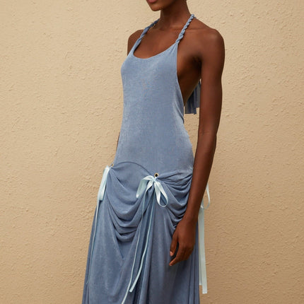 Ester Blue Velvet Maxi Dress with Halterneck and Open Back