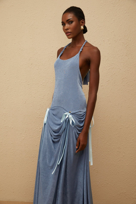 Ester Blue Velvet Maxi Dress with Halterneck and Open Back