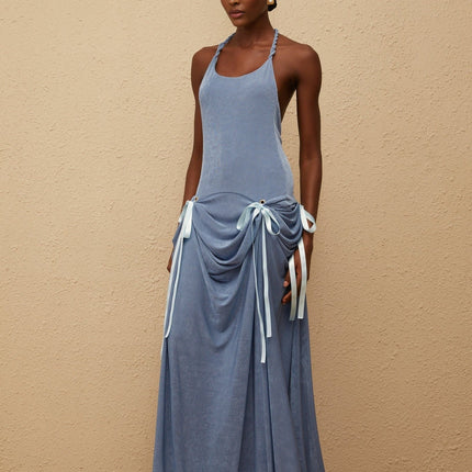 Ester Blue Velvet Maxi Dress with Halterneck Design and Open Back