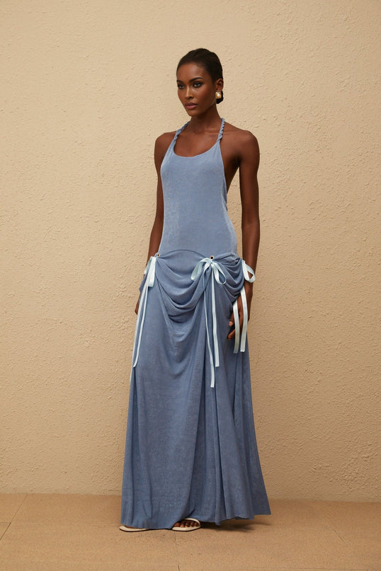 Ester Blue Velvet Maxi Dress with Halterneck Design and Open Back