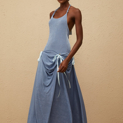 Ester Blue Velvet Maxi Dress Halterneck Open Back Bow Ruched Detailing Braided Straps Terylene Fiber