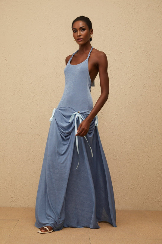 Ester Blue Velvet Maxi Dress Halterneck Open Back Bow Ruched Detailing Braided Straps Terylene Fiber