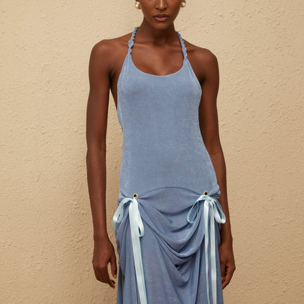 Ester Blue Velvet Maxi Dress with Halterneck Design and Open Back