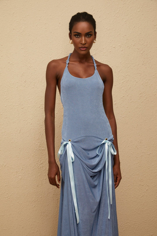 Ester Blue Velvet Maxi Dress with Halterneck Design and Open Back