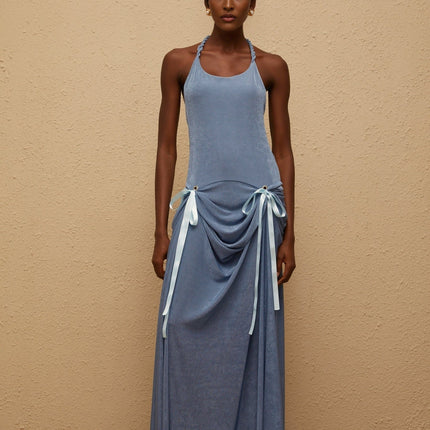 Ester Blue Velvet Maxi Dress with Halterneck Design and Open Back