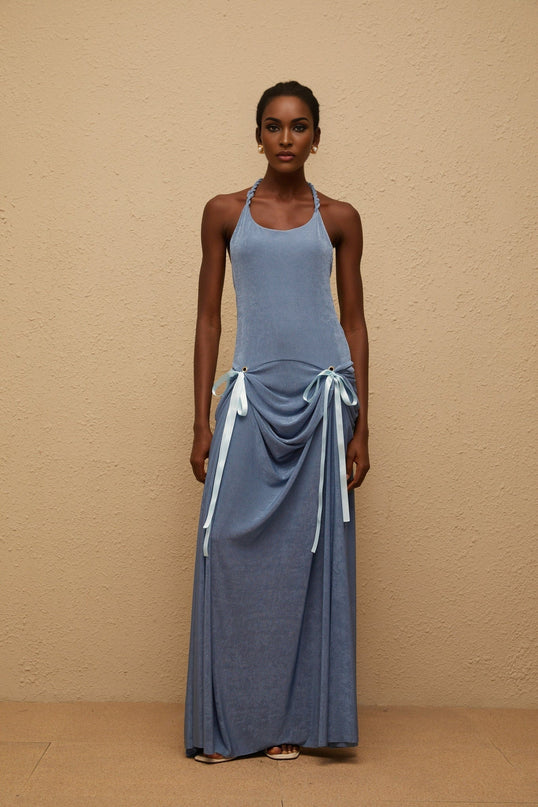 Ester Blue Velvet Maxi Dress with Halterneck Design and Open Back