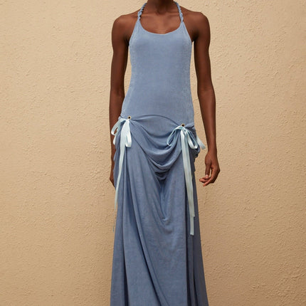 Ester Blue Velvet Maxi Dress with Halterneck Design and Open Back