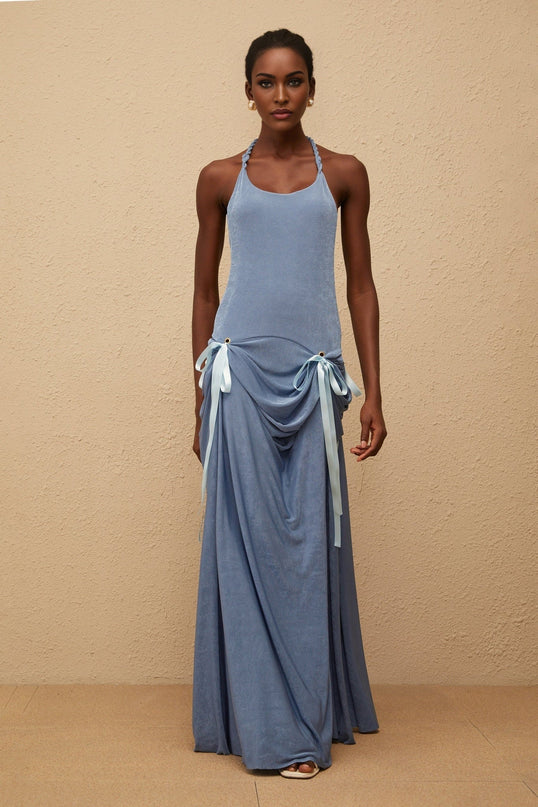 Ester Blue Velvet Maxi Dress with Halterneck Design and Open Back