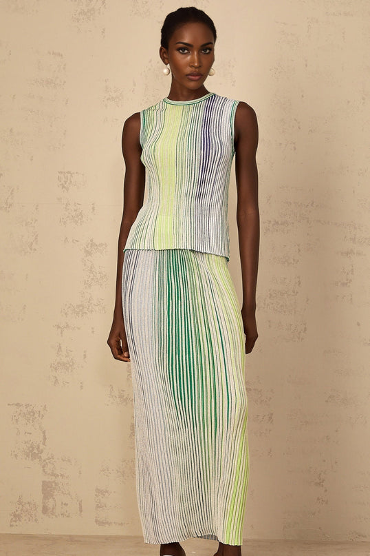 Ester Green Metallic Knit Top Skirt Set