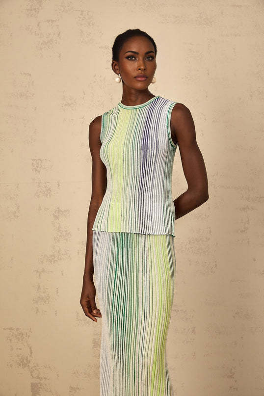 Ester Green Metallic Knit Top Skirt Set