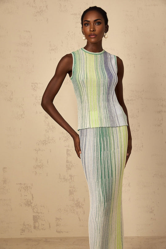 Ester Green Metallic Knit Top Skirt Set