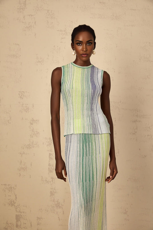 Ester Green Metallic Knit Top Skirt Set