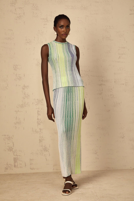 Ester Green Metallic Knit Top Skirt Set