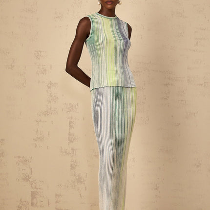 Ester Green Metallic Knit Top Skirt Set