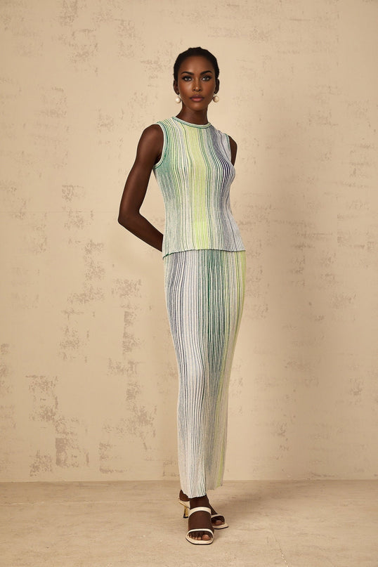 Ester Green Metallic Knit Top Skirt Set