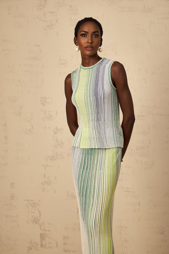 Ester Green Metallic Knitted Top Skirt Set