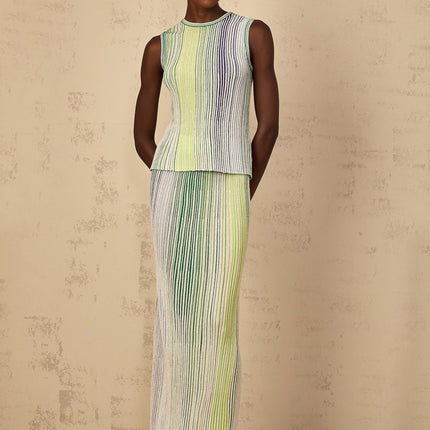 Ester Green Metallic Knitted Top Skirt Set