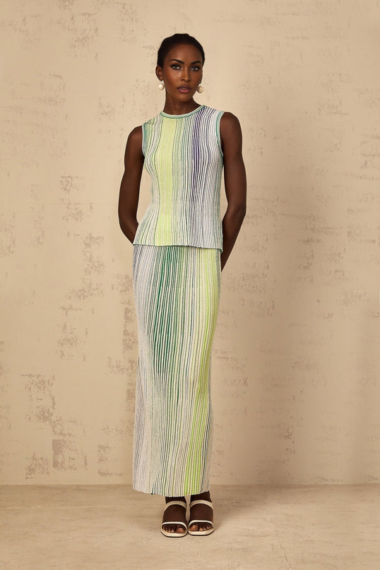 Ester Green Metallic Knitted Top Skirt Set