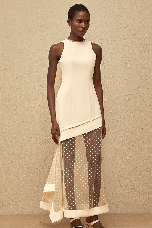 Esteri White Polka Dot Tulle Panel Maxi Dress