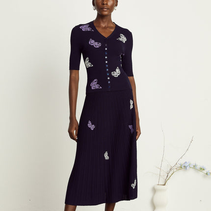 Esther Navy Blue Butterfly Patterned Knit Skirt and Top Set