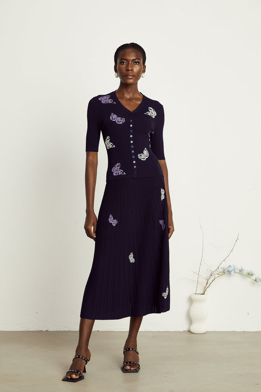 Esther Navy Blue Butterfly Patterned Knit Skirt and Top Set