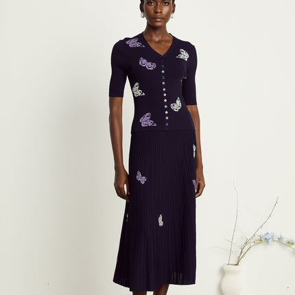 Esther Navy Blue Butterfly Patterned Knit Skirt Top Set