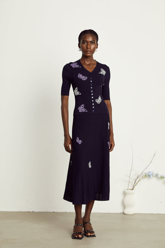 Esther Navy Blue Butterfly Patterned Knit Skirt Top Set