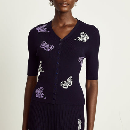 Esther Navy Blue Butterfly Patterned Knit Skirt Top Set