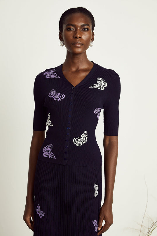 Esther Navy Blue Butterfly Patterned Knit Skirt Top Set