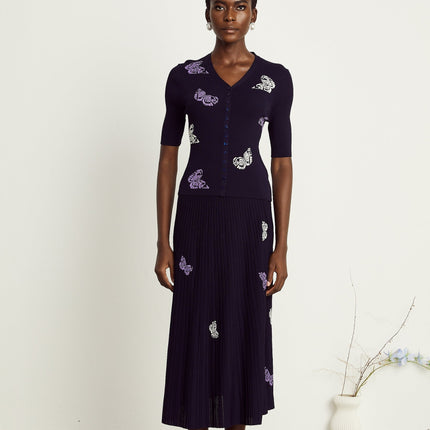 Esther Navy Blue Butterfly Patterned Knit Skirt Top Set