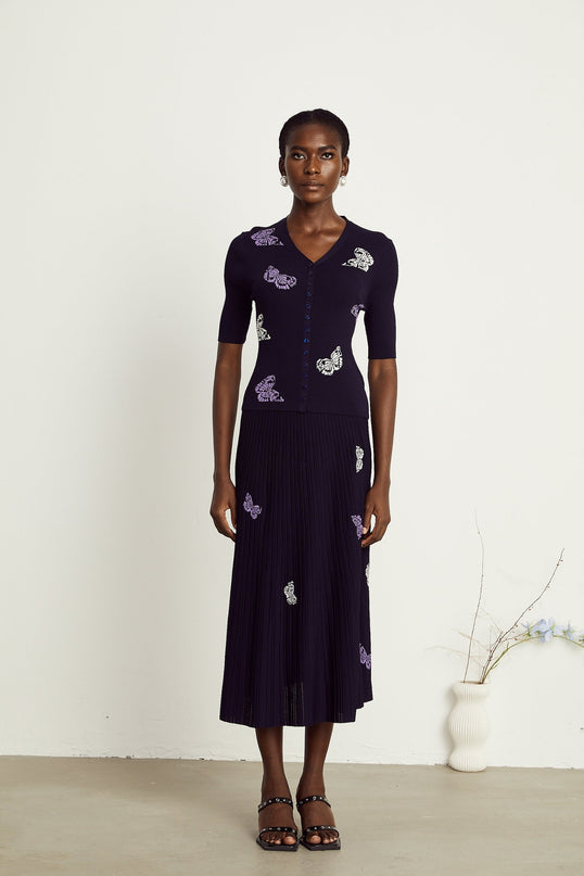 Esther Navy Blue Butterfly Patterned Knit Skirt Top Set