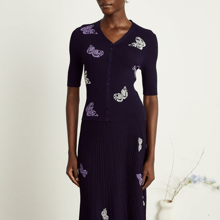 Esther Navy Blue Butterfly Patterned Knit Skirt Top Set