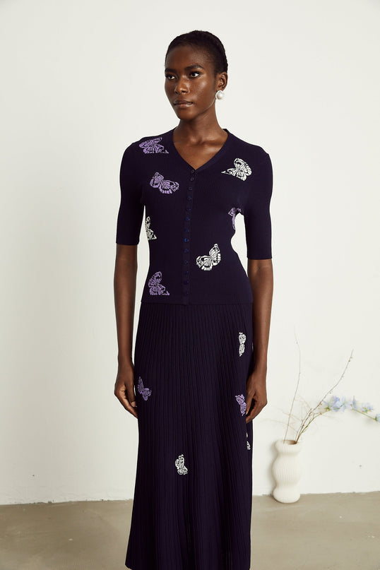Esther Navy Blue Butterfly Patterned Knit Skirt Top Set