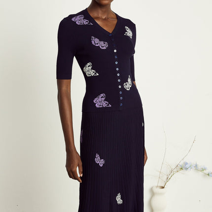 Esther Navy Blue Butterfly Patterned Knit Skirt Top Set