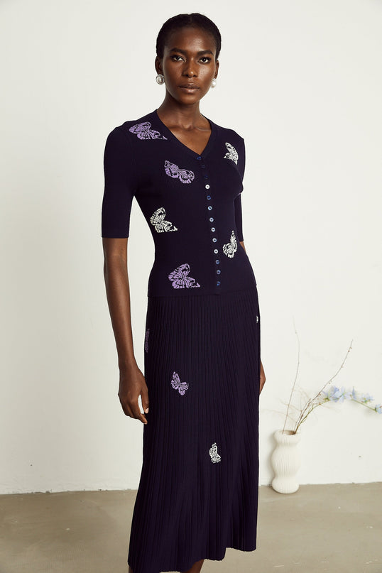 Esther Navy Blue Butterfly Patterned Knit Skirt Top Set