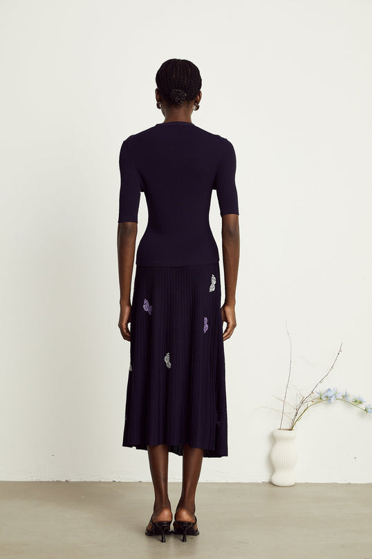 Esther Navy Blue Butterfly Patterned Knit Skirt Top Set