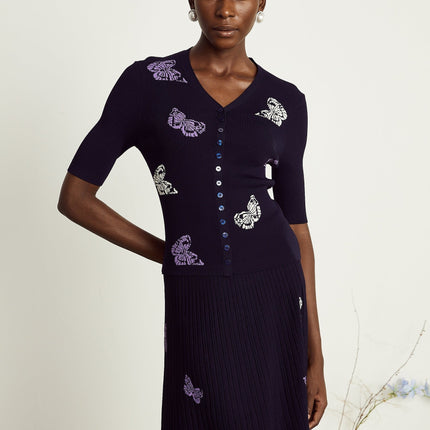 Esther Navy Blue Butterfly Patterned Knit Skirt Top Set