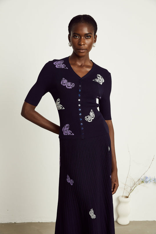 Esther Navy Blue Butterfly Patterned Knit Skirt Top Set