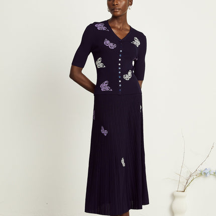 Esther Navy Blue Butterfly Patterned Knit Skirt Top Set