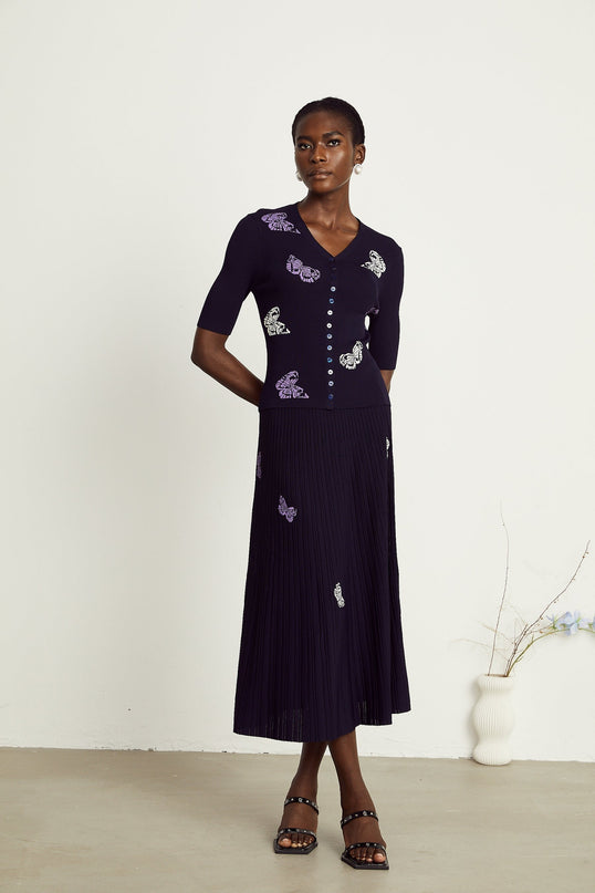 Esther Navy Blue Butterfly Patterned Knit Skirt Top Set