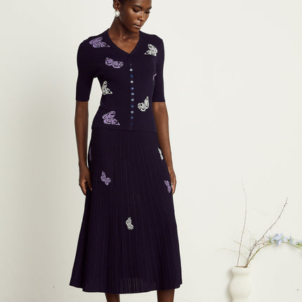 Esther Navy Blue Butterfly Patterned Knit Skirt Top Set